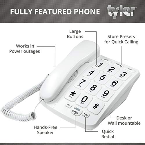 Tyler TBBP-4-WH Telephone for Seniors - Large Button Landline Phone for Elderly with Loud Speaker, Speed Dial, Ringer Volume Control, Wall Mount - Easy to See & Press Numbers - Works in Power Outage