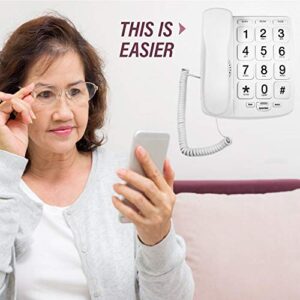 Tyler TBBP-4-WH Telephone for Seniors - Large Button Landline Phone for Elderly with Loud Speaker, Speed Dial, Ringer Volume Control, Wall Mount - Easy to See & Press Numbers - Works in Power Outage