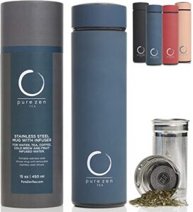 pure zen tea thermos with infuser – stainless steel insulated tea infuser tumbler for loose leaf tea, iced coffee and fruit-infused water – leakproof tea tumbler with infuser – 15oz – blue