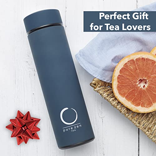 Pure Zen Tea Thermos with Infuser - Stainless Steel Insulated Tea Infuser Tumbler for Loose Leaf Tea, Iced Coffee and Fruit-Infused Water - Leakproof Tea Tumbler With Infuser - 15oz - Blue