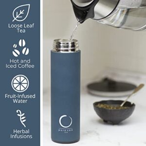 Pure Zen Tea Thermos with Infuser - Stainless Steel Insulated Tea Infuser Tumbler for Loose Leaf Tea, Iced Coffee and Fruit-Infused Water - Leakproof Tea Tumbler With Infuser - 15oz - Blue