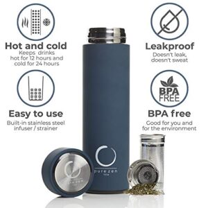 Pure Zen Tea Thermos with Infuser - Stainless Steel Insulated Tea Infuser Tumbler for Loose Leaf Tea, Iced Coffee and Fruit-Infused Water - Leakproof Tea Tumbler With Infuser - 15oz - Blue