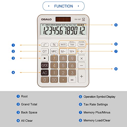 Desktop Calculator Large LCD Display 12 Digit Number Big Button Tax Financial Accounting Calculator, Battery and Solar Powered, for Desk Office Home Business Use(OS-130T Brown)