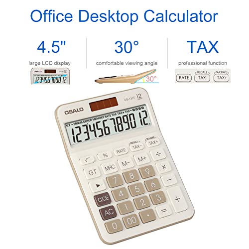 Desktop Calculator Large LCD Display 12 Digit Number Big Button Tax Financial Accounting Calculator, Battery and Solar Powered, for Desk Office Home Business Use(OS-130T Brown)