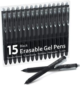 erasable gel pens, 15 pack black retractable erasable pens clicker, fine point, make mistakes disappear, black inks for writing planner and crossword puzzles…