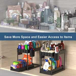 Sealegend 2 Pack Under Sink Organizers,2 Tier Under Sink Organizers and Storage Under Cabinet Slide Out Sliding Shelf with Hanging Cups and Hook,Multi-Use Storage Shelf for Bathroom Kitchen