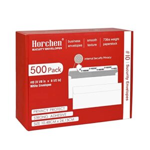 500 count #10 security envelopes,peel & seal windowless bussiness envelopes,security tint pattern for mailing of checks, invoices, documents – 4 1/8 x 9 1/2 inch – white，horchen