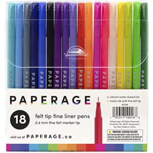 paperage felt tip fine line marker pens (0.4 mm metal pen nib), 18 pack pen set for bullet style journals, notebooks, planners, calendars, notes & coloring – use at home, office, school