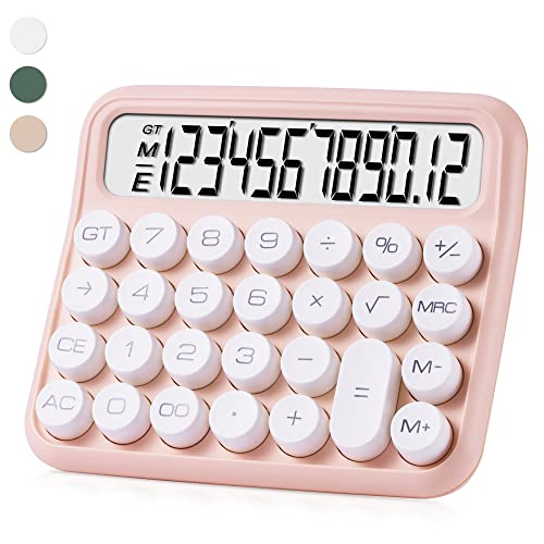 GUDTEKE Mechanical Switch Calculator, Pink Calculator Cute 12 Digit Large LCD Display Big Button Calculator Clear Standard for Daily and Basic Office,Automatic Sleep,with Battery