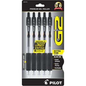 pilot g2 premium refillable and retractable rolling ball gel pens, extra fine point, black ink, 5-pack (31173)