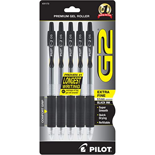 PILOT G2 Premium Refillable and Retractable Rolling Ball Gel Pens, Extra Fine Point, Black Ink, 5-Pack (31173)