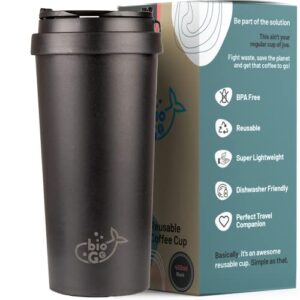 biogo cup, rice husk fibre, bpa-free, double wall insulation reusable coffee cups, on-the-go travel mug, screw tight lid, textured grip, ultra lightweight (midnight black, 16oz)