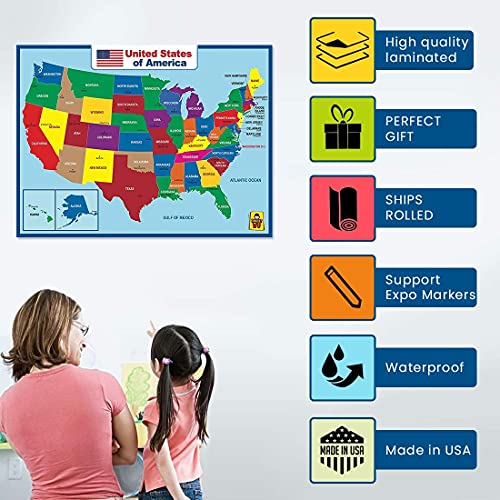 UNCLE WU United State Map Laminated Poster -Double Side Educational Poster For Kids/Adults -18 x 24 inch Waterproof Map For Home Classroom