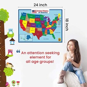 UNCLE WU United State Map Laminated Poster -Double Side Educational Poster For Kids/Adults -18 x 24 inch Waterproof Map For Home Classroom