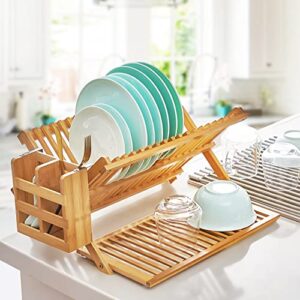 WORTHUG Bamboo Dish Drying Rack Set, 3-Tier Collapsible Bamboo Drainer Dish Drying Rack with Utensil Holder ,Multipurpose Roll-Up Dish Drying Rack