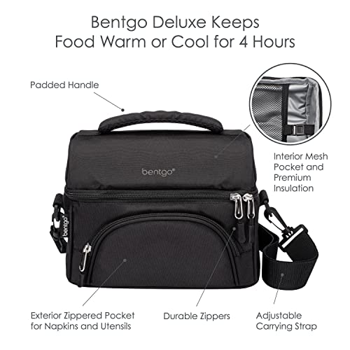 Bentgo® Deluxe Lunch Bag - Durable and Insulated Lunch Tote with Zippered Outer Pocket, Internal Mesh Pocket, Padded & Adjustable Straps, & 2-Way Zippers - Fits Most Lunch Boxes (Carbon Black)