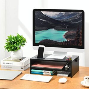 Marbrasse Monitor Stand Riser, 16.5 Inch 2 Tier Computer Monitor Stand, Printer Shelf Stand for Laptop Computer Screen Storage, Desktop Stand with Phone Holder and Cable Management Black