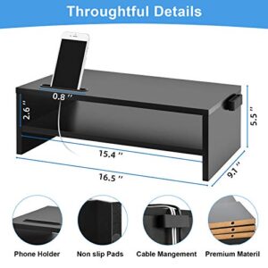 Marbrasse Monitor Stand Riser, 16.5 Inch 2 Tier Computer Monitor Stand, Printer Shelf Stand for Laptop Computer Screen Storage, Desktop Stand with Phone Holder and Cable Management Black