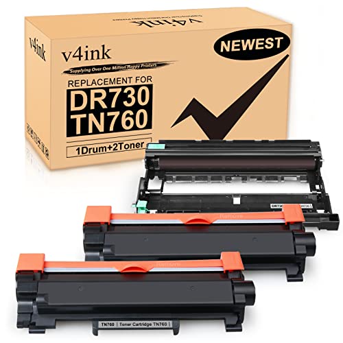 v4ink Compatible DR730 Drum and TN760 Toner Cartridge Set Replacement for Brother DR730 TN760 TN730 (1 Drum+ 2 Toner) for HL L2350DW L2370DW MFC L2690DW L2710DW L2717DW Tray_Toners_Cartridges_Printer