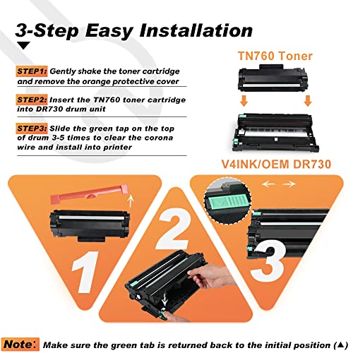 v4ink Compatible DR730 Drum and TN760 Toner Cartridge Set Replacement for Brother DR730 TN760 TN730 (1 Drum+ 2 Toner) for HL L2350DW L2370DW MFC L2690DW L2710DW L2717DW Tray_Toners_Cartridges_Printer