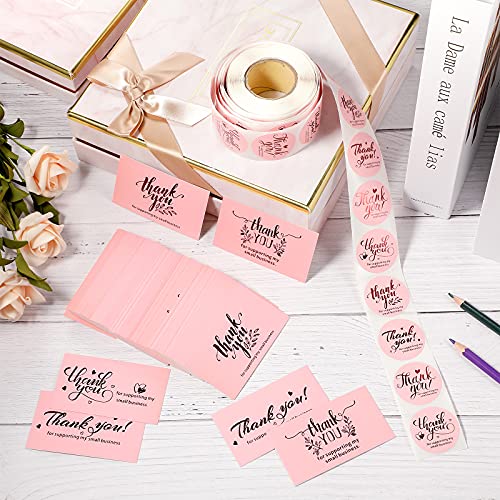 600 Pieces Thank You Cards and Stickers Set Pink Gold Foil Thank You For Supporting My Small Business Cards and Sticker Set for Retail Store Package Insert Envelope Seals Business Owner Sellers