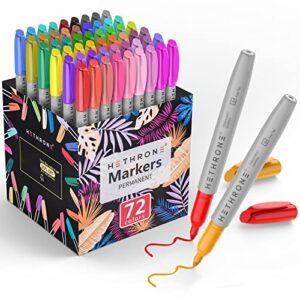 hethrone permanent markers for adult coloring, 72 assorted colors markers, colored marker pens work on plastic, wood, stone, metal and glass
