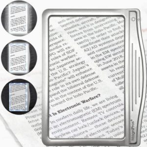 magnipros 3x large ultra bright led page magnifier with anti-glare dimmable leds(evenly lit viewing area & relieve eye strain)-ideal for reading small prints & low vision