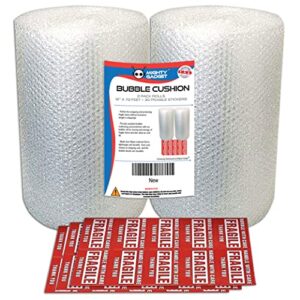 2-pack mighty gadget bubble cushioning wrap rolls, air bubble, 12 inch x 72 feet total, perforated every 12″, 30 bonus fragile stickers included