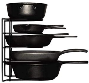 extreme matters heavy duty pot and pan organizer holder – holds cast iron skillets, pots, frying pan, lids – durable steel construction griddles and shallow pots – space saving kitchen storage – black