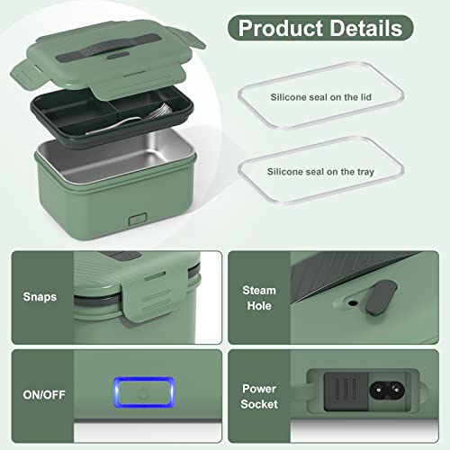 Vabaso Electric Lunch Box Food Heater, 60/80/100W Heated Lunch Box for Adults Car/Truck Home/Work, 1.8L/61oz Food Warmer Heating Lunch Box with Removable Stainless Steel Container, 12V/24V/110V220V