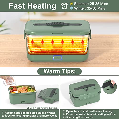 Vabaso Electric Lunch Box Food Heater, 60/80/100W Heated Lunch Box for Adults Car/Truck Home/Work, 1.8L/61oz Food Warmer Heating Lunch Box with Removable Stainless Steel Container, 12V/24V/110V220V