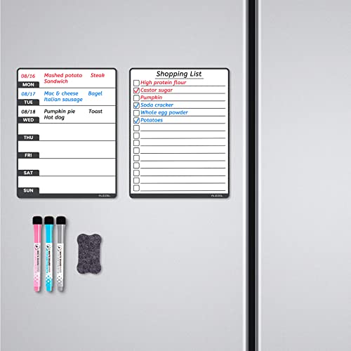 ALEZEL Magnetic Weekly Calendar for Fridge - 8.5"x6.5", Simple Dry Erase Menu Board Set for Fridge - Includes 1 Grocery List (to Do List) & 1 Weekly Meal Planner Whiteboard, 3 Markers + 1 Eraser