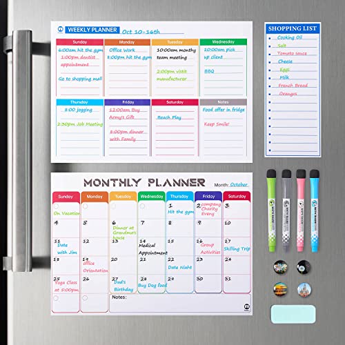 White Board Calendar Dry Erase - Monthly Calendar Whiteboard for Fridge, Weekly Magnetic Calendar for Refrigerator, Grocery List Magnet Pad for Family Planner Kitchen Schedule Board