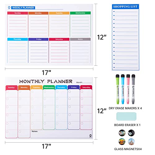 White Board Calendar Dry Erase - Monthly Calendar Whiteboard for Fridge, Weekly Magnetic Calendar for Refrigerator, Grocery List Magnet Pad for Family Planner Kitchen Schedule Board