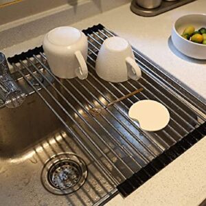 Roll up Dish Drying Rack Over The Sink Dish Drying Rack Portable Stainless Still Rolling Rack Folding Dish Drainer Sink Rack Mat Dish Drying Rack for Kitchen Sink Counter (17.8''LX11.2''W, Black)