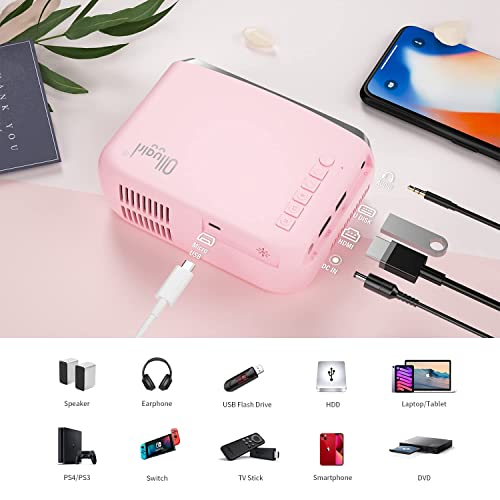 Portable Projector, Outdoor Projector, LED Aesthetic Video Mini Projector for Outdoor Portable Movies Compatible with HDMI, USB, Laptop, TV Stick, iOS and Android Phone, Pink