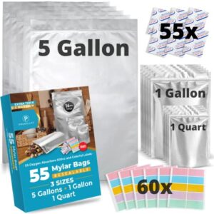 premount 14 mil mega thick 55 mylar bags for food storage with oxygen absorbers 500cc – mylar bags 5 gallon 17×26, 1 gallon 10×14, 1 quart 7×10 – mylar bags with oxygen absorbers + labels