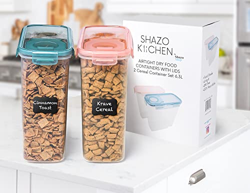 Shazo EXTRA Large 6.3L / 213Oz (SET of 2) Airtight Food Storage Cereal Containers for Bulk Food Storage Ideal for Pasta Rice, Flour and Sugar BPA Free Plastic Cereal Dispenser w/Labels + pen - Color