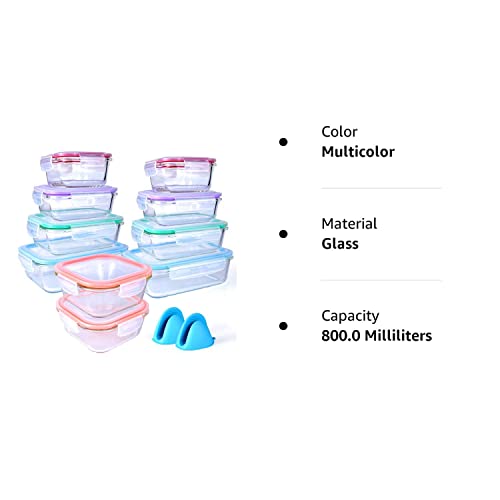 [20 Piece] Glass Food Storage Airtight & Leakproof Containers Set with Snap Lock Lids, Bonus 2 Oven Silicone Gloves, Safe for Dishwasher, Oven, Microwave,Freezer, BPA Free