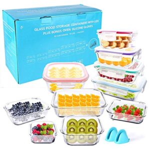 [20 Piece] Glass Food Storage Airtight & Leakproof Containers Set with Snap Lock Lids, Bonus 2 Oven Silicone Gloves, Safe for Dishwasher, Oven, Microwave,Freezer, BPA Free