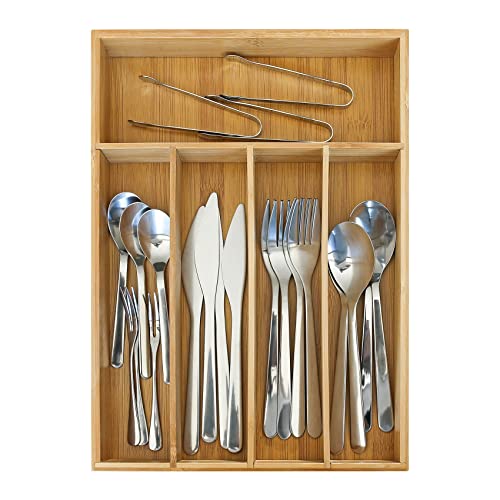 ZROOY Kitchen Bamboo Drawer Organizer Utensils Tray Organizer, Small Silverware Organizer with 5 Compartments for Spoons Forks Knives