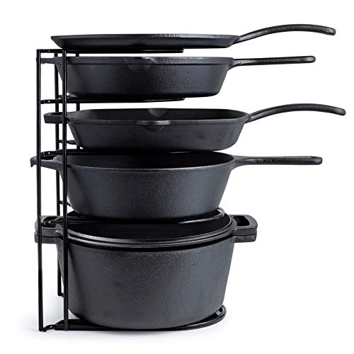 Heavy Duty Pan Organizer, Extra Large 5 Tier Rack - Holds Cast Iron Skillets, Dutch Oven, Griddles - Durable Steel Construction - Space Saving Kitchen Storage - No Assembly Required - Black 15.4-inch