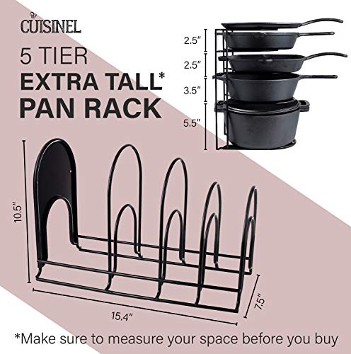 Heavy Duty Pan Organizer, Extra Large 5 Tier Rack - Holds Cast Iron Skillets, Dutch Oven, Griddles - Durable Steel Construction - Space Saving Kitchen Storage - No Assembly Required - Black 15.4-inch