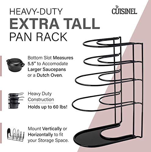 Heavy Duty Pan Organizer, Extra Large 5 Tier Rack - Holds Cast Iron Skillets, Dutch Oven, Griddles - Durable Steel Construction - Space Saving Kitchen Storage - No Assembly Required - Black 15.4-inch