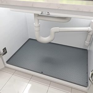 under sink mat, 28” x 22” silicone under sink liner, waterproof shelf liner with drain hole, kitchen bathroom cabinet mats (grey)