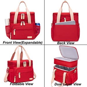 Weitars Lunch Bag for Women, Loncheras Para Mujer Waterproof Reusable Large Dual Compartment Lunch Box Wide-Open Cooler Tote Bag For Teacher Nurse Office Working Picnic Hiking (15L) (Red)