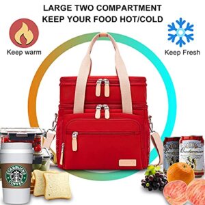 Weitars Lunch Bag for Women, Loncheras Para Mujer Waterproof Reusable Large Dual Compartment Lunch Box Wide-Open Cooler Tote Bag For Teacher Nurse Office Working Picnic Hiking (15L) (Red)