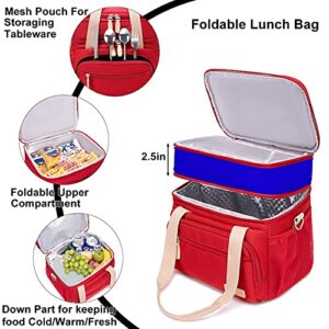 Weitars Lunch Bag for Women, Loncheras Para Mujer Waterproof Reusable Large Dual Compartment Lunch Box Wide-Open Cooler Tote Bag For Teacher Nurse Office Working Picnic Hiking (15L) (Red)