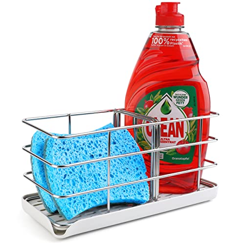 Damita Sponge Holder for Kitchen Sink, Stainless Steel Sink Caddy Organizer Rack, Brush Dish Soap Dispenser Bar Accessories Tray Drainer, with Drain Pan for Bathroom Countertop Storage