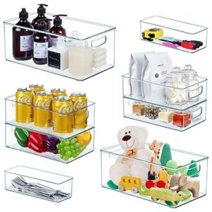 8 pack multi-size clear plastic storage bins, stackable pantry organizing container for home edit and cabinet organizers